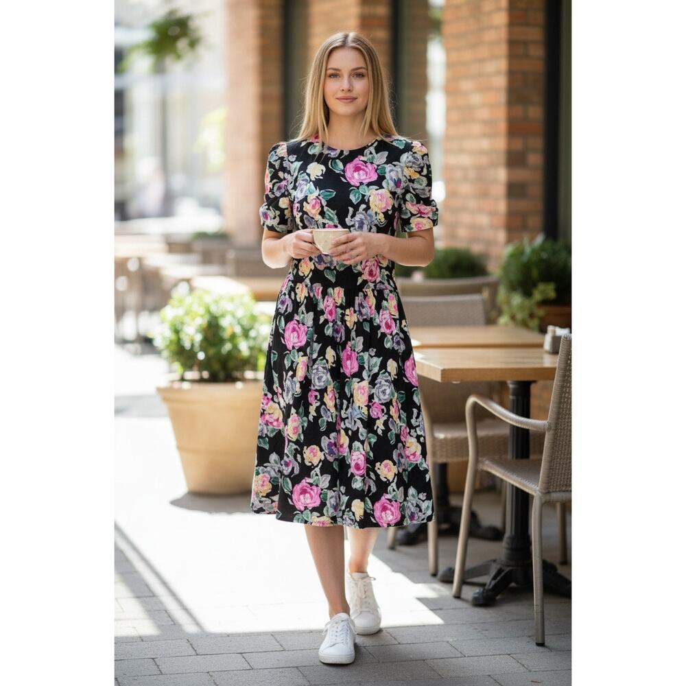 VTG 1980 Maggie London Drop Waist Floral Silk Midi Dress Cottagecore Romantic 6